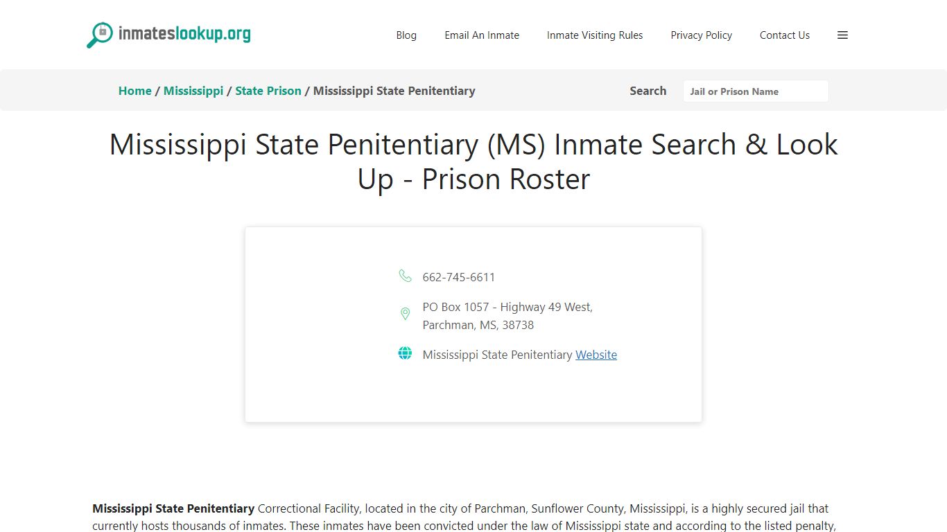 Mississippi State Penitentiary (MS) Inmate Search & Look Up - Prison Roster