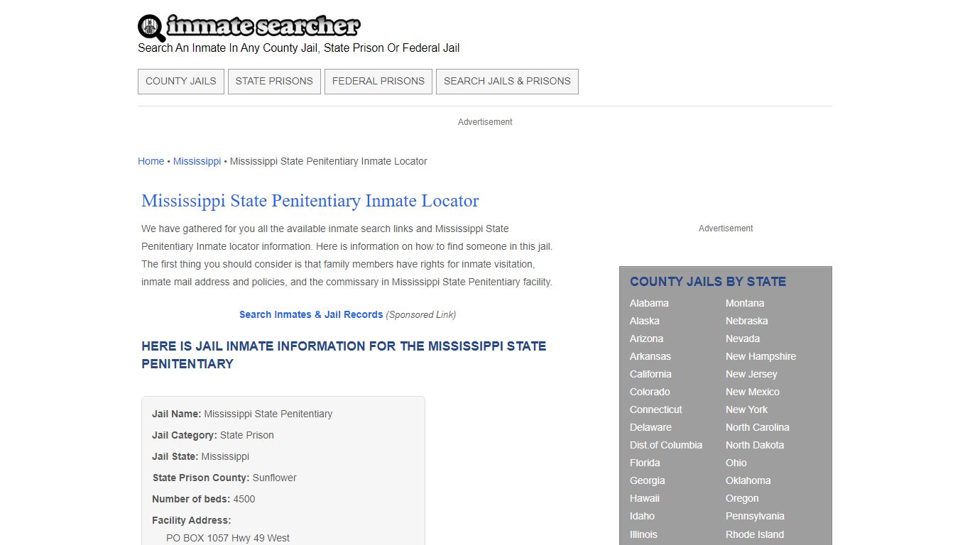Mississippi State Penitentiary Inmate Locator - Inmate Searcher
